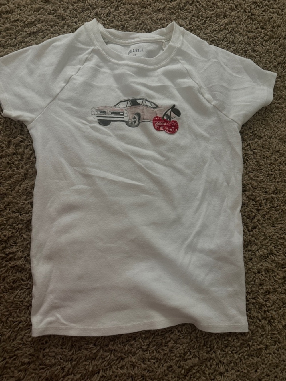 Hollister White Tee with Pink Car and Red Cherry Graphic